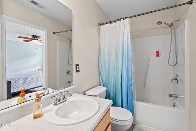 full bath with a textured ceiling, connected bathroom, vanity, visible vents, and shower / bath combo with shower curtain