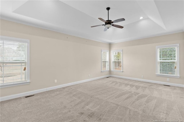 empty room with baseboards, a raised ceiling, a wealth of natural light, and light colored carpet