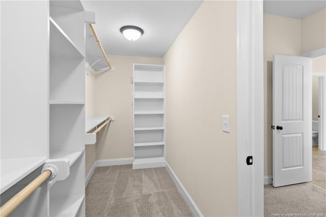 walk in closet featuring light colored carpet