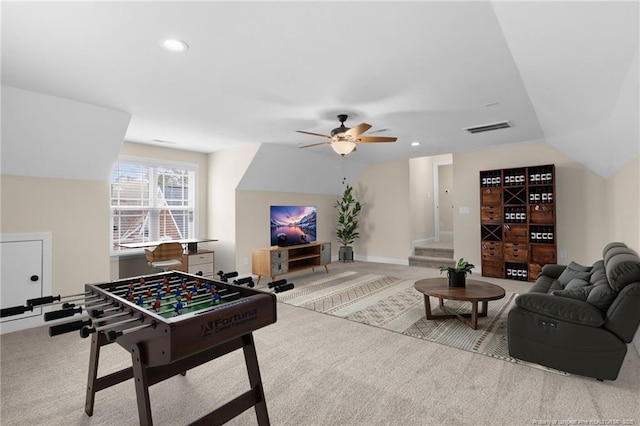 game room with recessed lighting, visible vents, vaulted ceiling, and light colored carpet