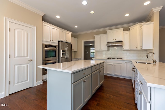 kitchen with gray cabinets, a sink, stainless steel appliances, under cabinet range hood, and crown molding