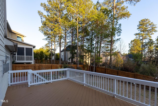 wooden terrace featuring a fenced backyard and a sunroom