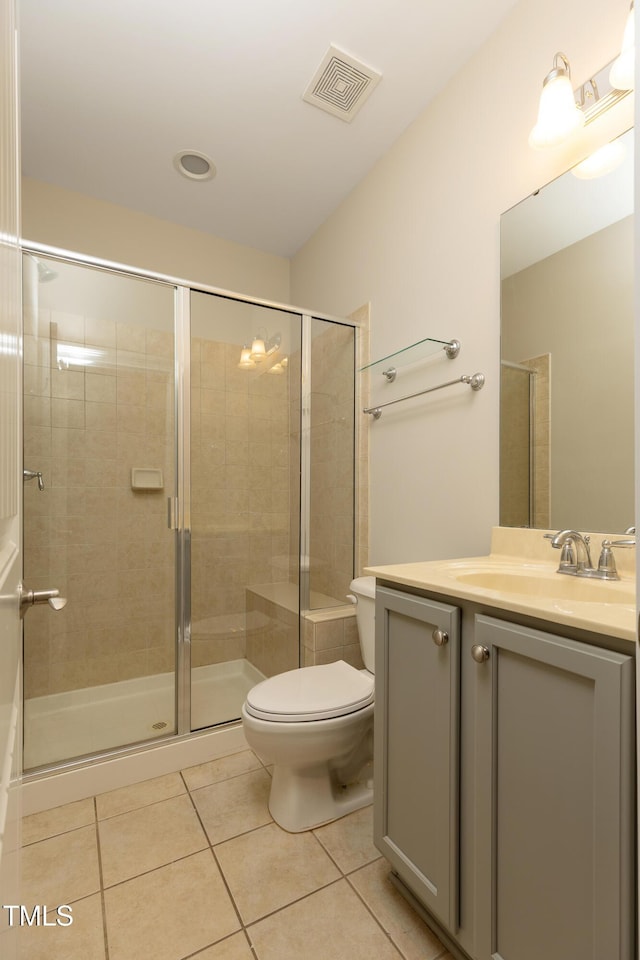 full bathroom with visible vents, toilet, a stall shower, tile patterned floors, and vanity