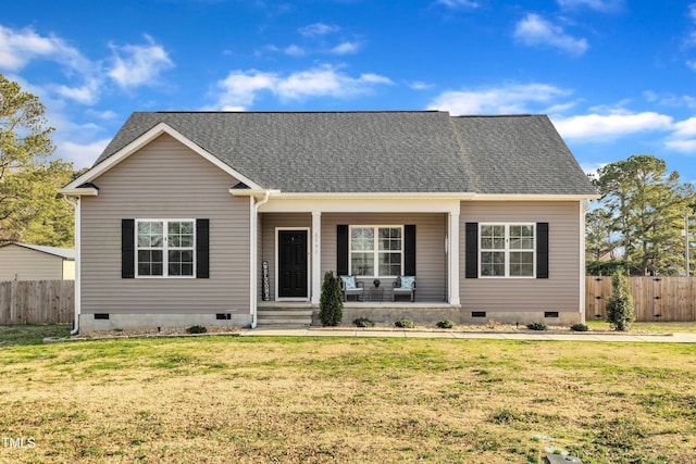 view of front of house featuring crawl space, fence, a porch, and a front yard