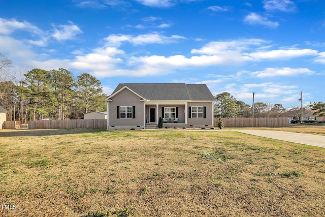 view of front facade with covered porch, crawl space, and fence