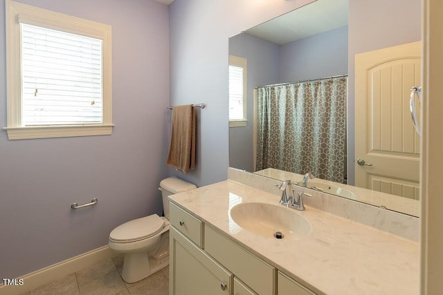 full bath with vanity, baseboards, curtained shower, tile patterned floors, and toilet