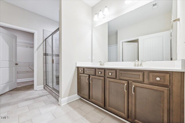 1987 Meadowview Dr, Graham, NC 27253 - full bath featuring visible vents, a sink, a stall shower, and double vanity