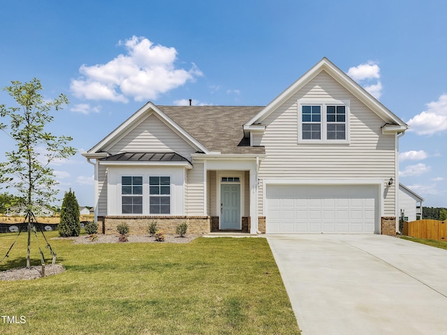 view of front facade featuring driveway, a standing seam roof, an attached garage, and a front yard