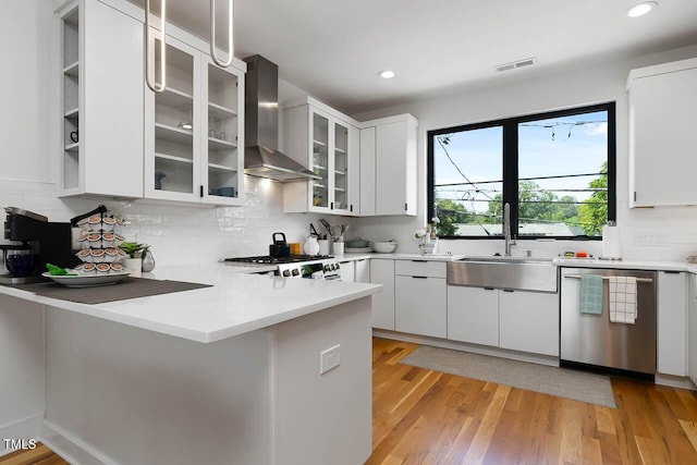 kitchen featuring a sink, visible vents, wall chimney range hood, stainless steel dishwasher, and range