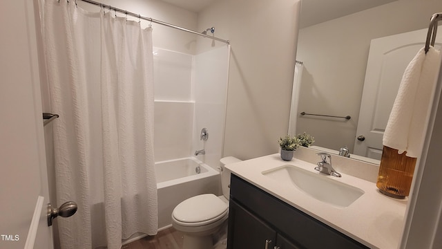 full bathroom with toilet, shower / tub combo with curtain, and vanity