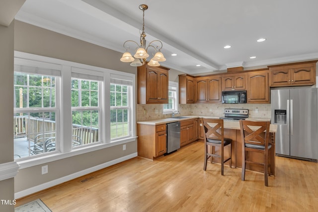 kitchen featuring a sink, stainless steel appliances, light countertops, and decorative backsplash