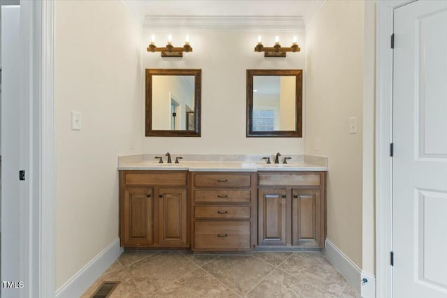 full bathroom featuring double vanity, a sink, visible vents, and crown molding