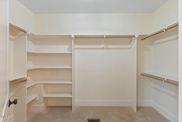 spacious closet with light colored carpet and visible vents