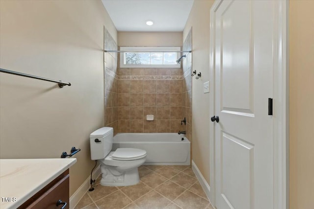 bathroom featuring toilet, shower / bath combination, vanity, baseboards, and tile patterned floors