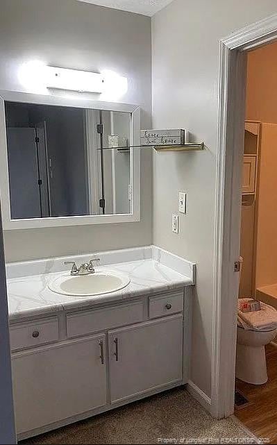 bathroom with toilet, wood finished floors, and vanity