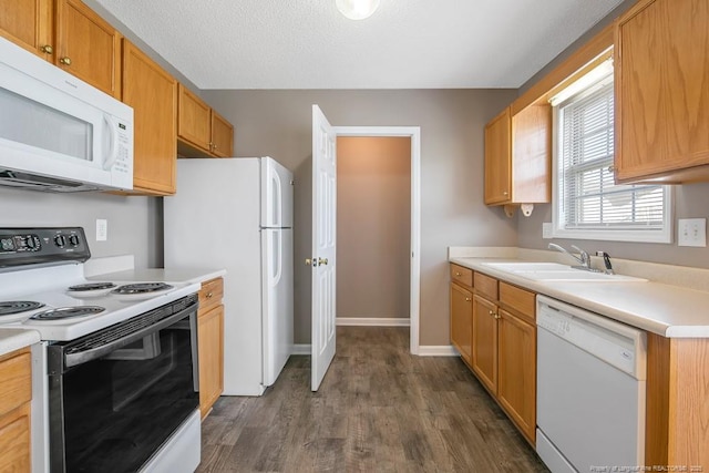 kitchen featuring dark wood-style floors, light countertops, white appliances, and a sink