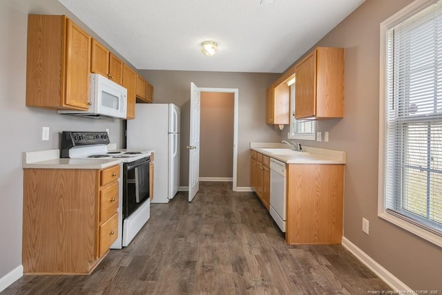 kitchen with light countertops, dark wood-type flooring, a sink, white appliances, and baseboards