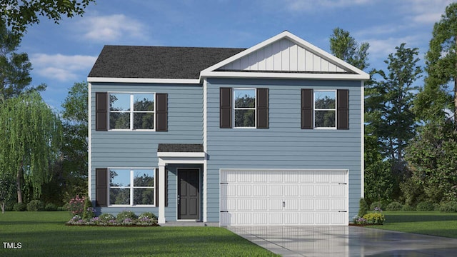 view of front facade with a garage, a front lawn, board and batten siding, and concrete driveway