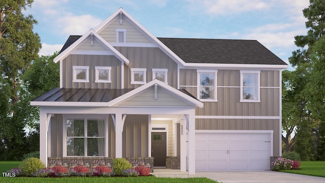 craftsman-style house featuring a garage, concrete driveway, stone siding, a standing seam roof, and board and batten siding