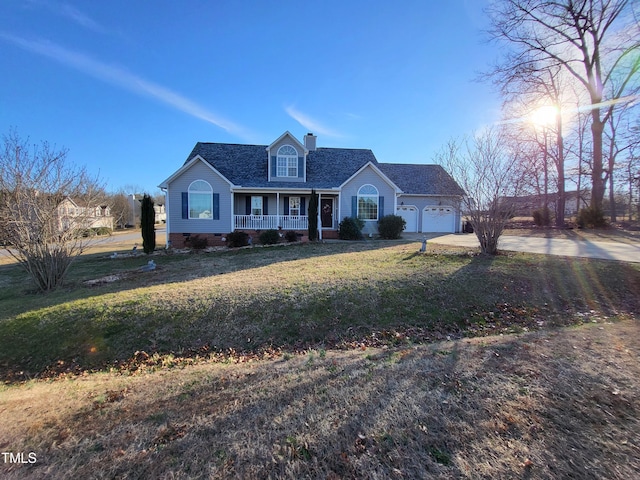 cape cod home featuring a porch, an attached garage, driveway, crawl space, and a chimney