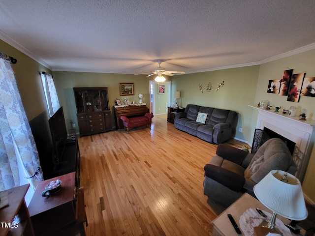 living room with crown molding, a fireplace, a textured ceiling, and wood finished floors