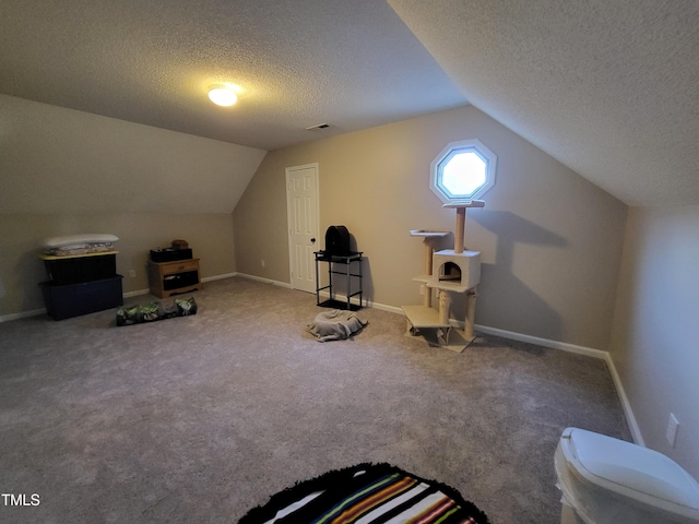 exercise room featuring lofted ceiling, visible vents, a textured ceiling, and baseboards