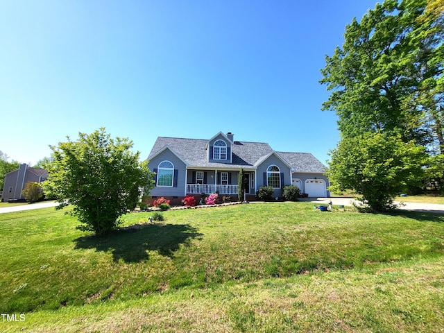 cape cod-style house with a porch, a front yard, and a garage