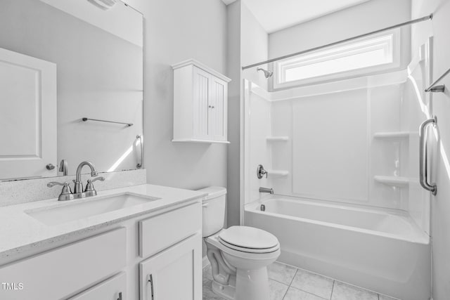 full bath featuring shower / bathtub combination, toilet, visible vents, vanity, and tile patterned floors