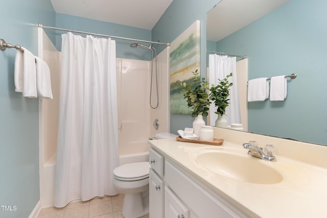 full bath with tile patterned flooring, shower / bath combination with curtain, toilet, and vanity