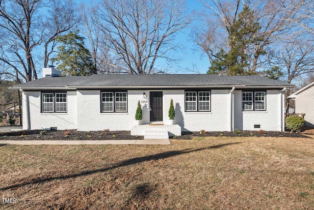 ranch-style home with brick siding, a shingled roof, crawl space, a front lawn, and a chimney