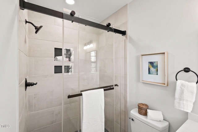 full bathroom featuring a stall shower and toilet