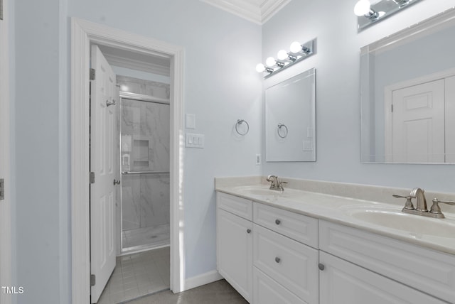 bathroom with double vanity, ornamental molding, a sink, and a shower stall