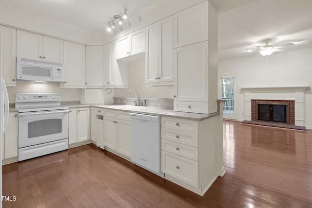 kitchen featuring white appliances, dark wood-style flooring, a fireplace, a sink, and ornamental molding