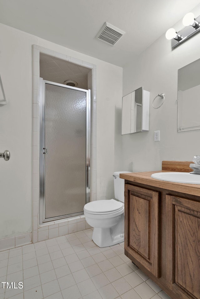 bathroom featuring a stall shower, visible vents, toilet, tile patterned floors, and vanity