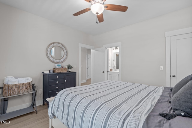 bedroom with light wood-type flooring, a ceiling fan, and baseboards