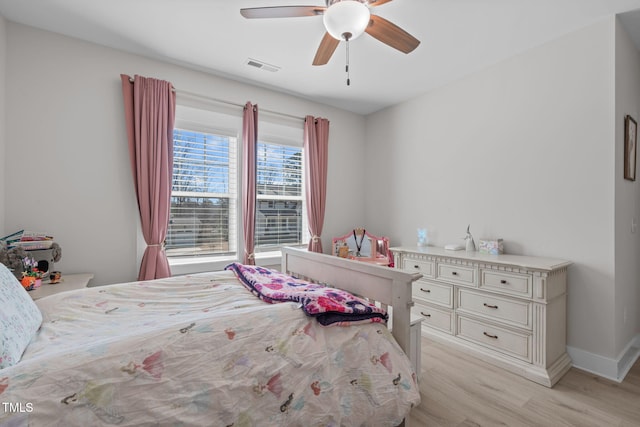 bedroom with ceiling fan, light wood-style flooring, visible vents, and baseboards