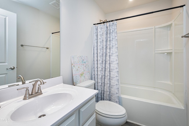 full bath featuring toilet, shower / tub combo, visible vents, and vanity