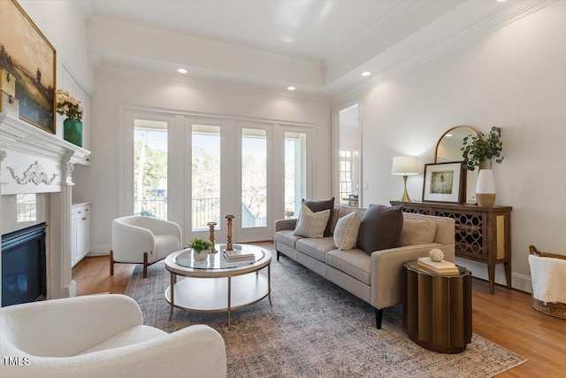 living room with ornamental molding, a glass covered fireplace, a tray ceiling, and wood finished floors