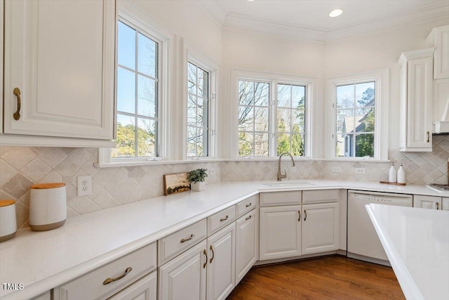 kitchen featuring light countertops, white dishwasher, a sink, and white cabinetry