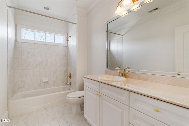 bathroom featuring shower / tub combination, toilet, visible vents, vanity, and ornamental molding