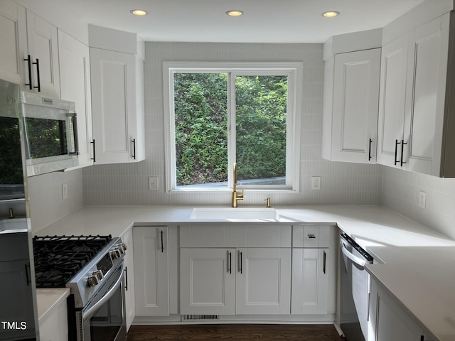 kitchen with white cabinets, appliances with stainless steel finishes, a sink, light countertops, and a wealth of natural light