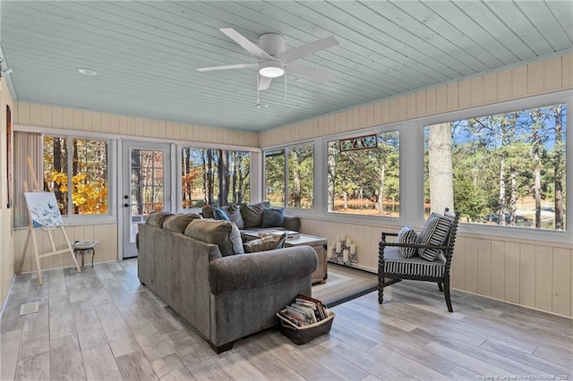 sunroom with wooden ceiling, plenty of natural light, and ceiling fan