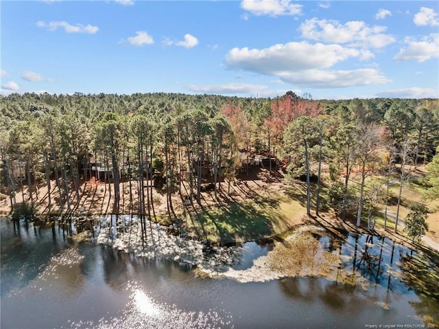 aerial view with a water view and a forest view