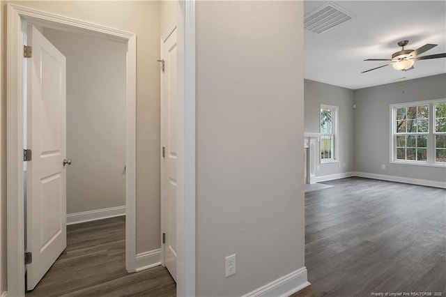 hallway featuring dark wood-type flooring, visible vents, and baseboards