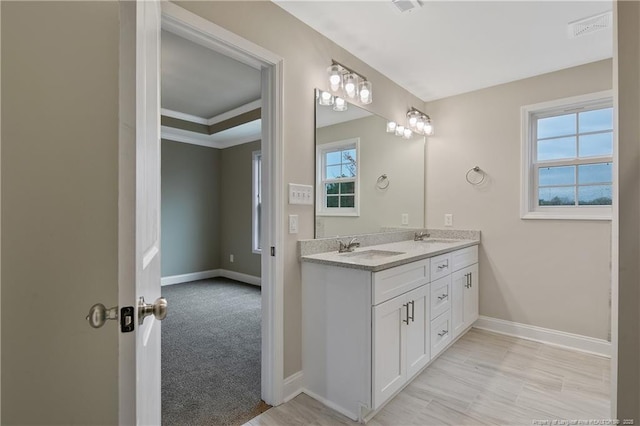 bathroom with a sink, baseboards, and double vanity