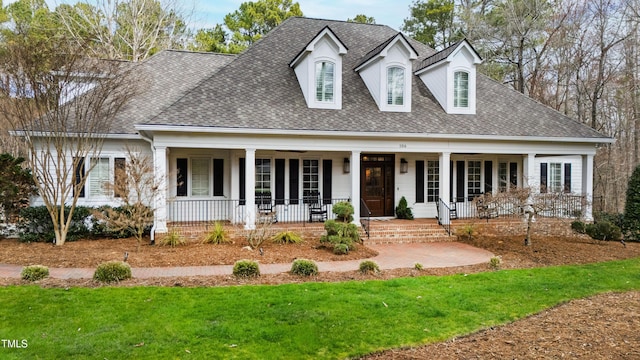 view of front facade with a front yard, covered porch, and a shingled roof