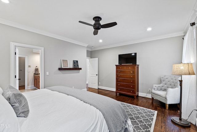 bedroom with dark wood-style floors, recessed lighting, baseboards, and ornamental molding