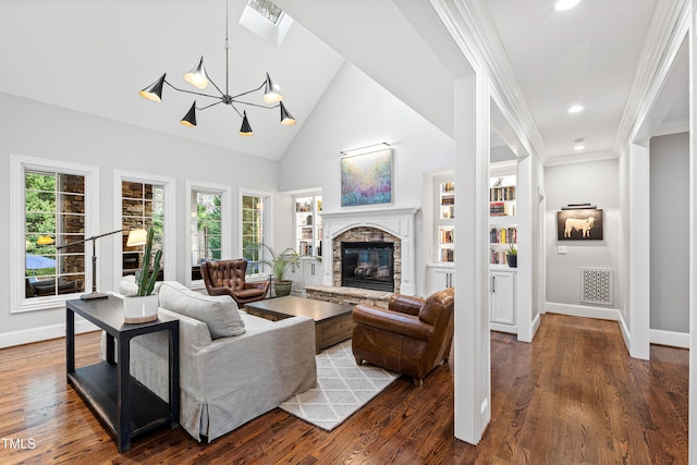 living room with dark wood-style floors, visible vents, a fireplace, and baseboards