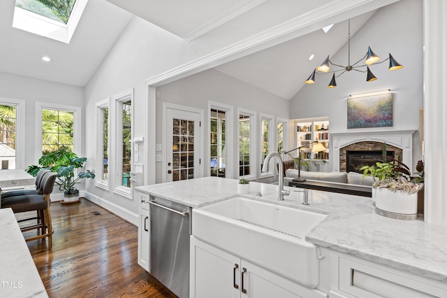 kitchen featuring a sink, plenty of natural light, stainless steel dishwasher, a skylight, and a fireplace