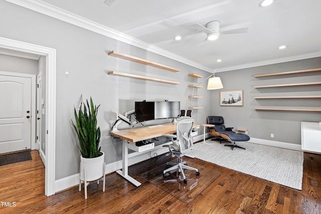 office featuring recessed lighting, crown molding, baseboards, and wood finished floors